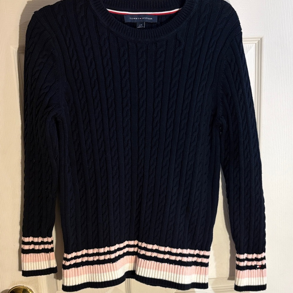 Tommy Hilfiger Navy Cable-Knit Crew Sweater with Pink & White Stripe Trim Large